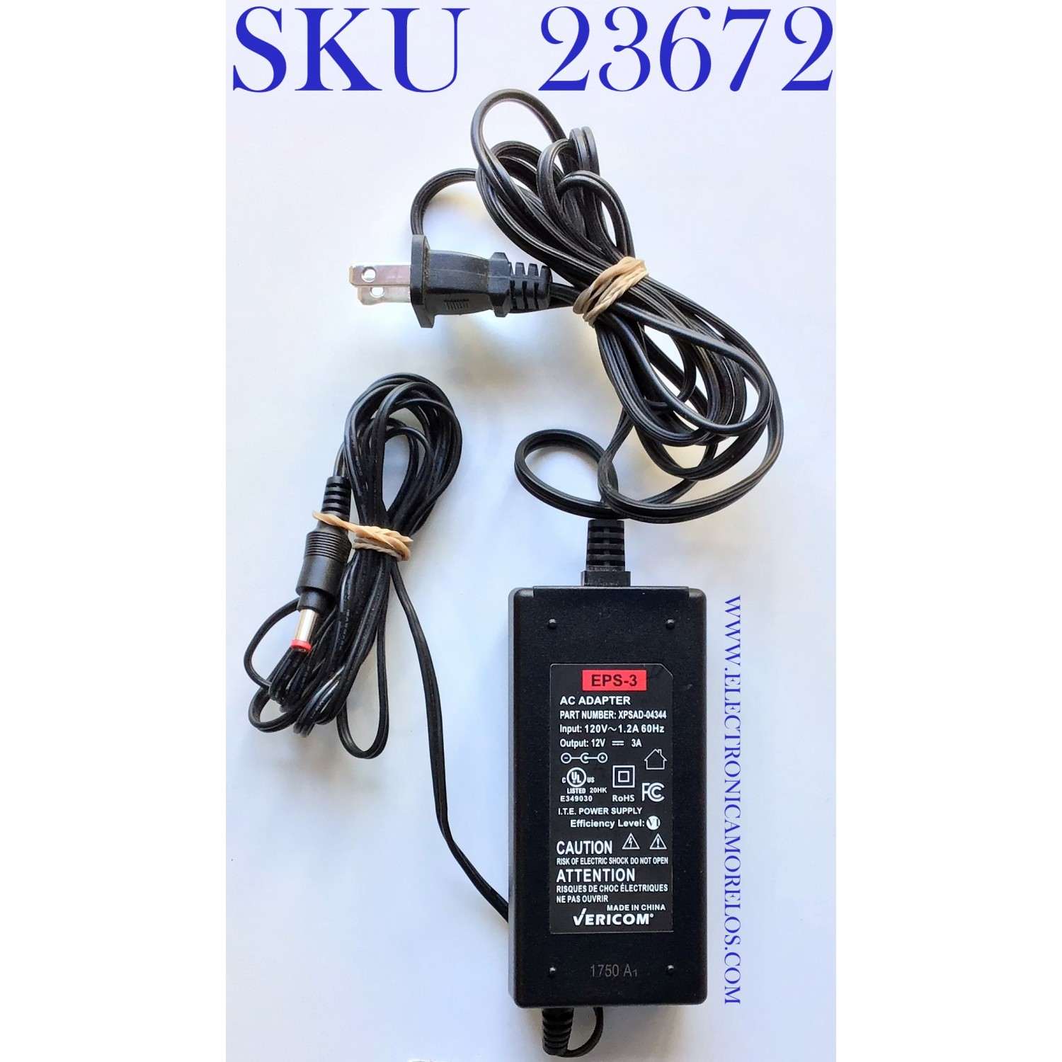 ADAPTADOR VERICOM VCA EPS-3 / NUMERO DE PARTE XPSAD-04344 / MODELO XPSAD-04344 / ENTRADA VCA 120V~60-50Hz 1.2A / SALIDA VCD 12V-3A	
